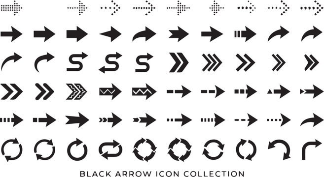 Black Arrow Icon Mega Collection Vector Set with Dotted Solid Curved S-Shape Chevron Dashed Striped Circular Refresh and Forward Direction Symbols