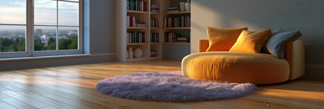 Round yellow daybed near window in warm wooden interior