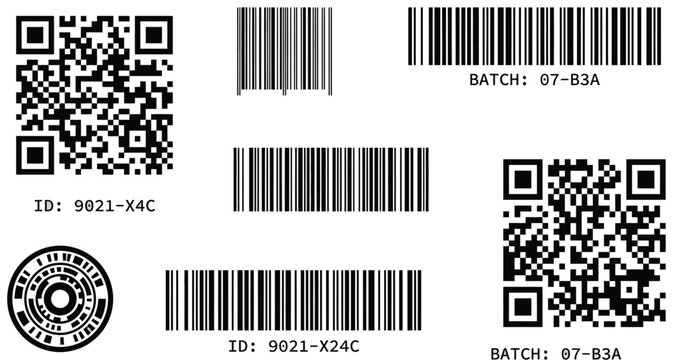 Barcode and QR code set features multiple unique identification labels with alphanumeric batch numbers for modern supply tracking.