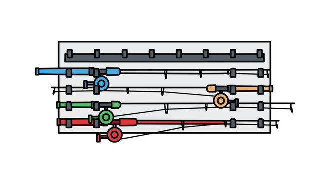 Colorful fishing rods and poles organized on horizontal storage rack illustration for outdoor sport and hobby
