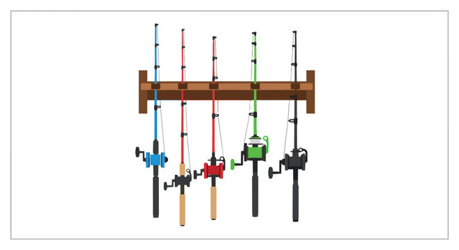 Set of Various Colorful Fishing Rods and Reels Mounted on a Wooden Storage Rack Illustration