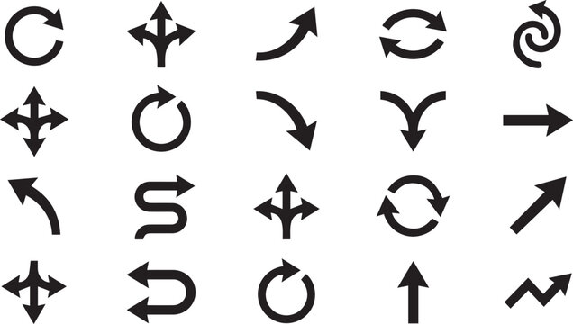 Black Directional Arrow Icon Set Vector Collection with Circular Refresh Rotate Curved S-Shape Four Way Up Down Left Right Navigation Symbols