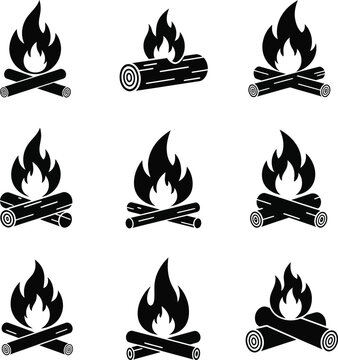 Black campfire log and flame symbols, on white background, flames logs wood