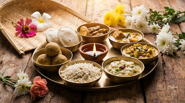 Authentic Assamese Bohag Bihu Festive Food Platter With Glowing Clay Diya Oil Lamp On Aged Wood Background Representing Cultural Heritage Rituals For Indian New Year Celebration