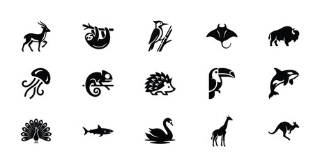 Obraz premium Minimalist animal icons set, 15 black vector silhouettes of wild animals and birds, modern nature wildlife symbols for logo design and branding