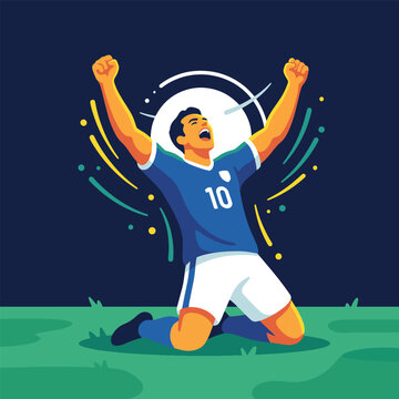 Excited soccer player in blue jersey celebrating goal on field with dynamic motion effects