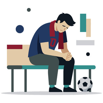 Depressed soccer supporter sitting on bench with scarf and ball after team defeat in stadium