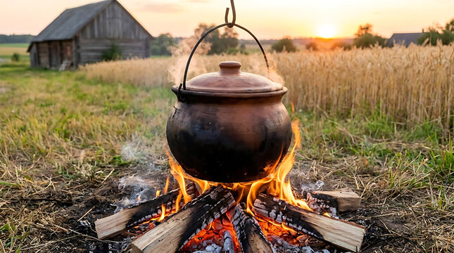 Traditional iron pot simmering on outdoor firewood flame during national farmer day celebration, rustic kitchen scene with steam rising from hot cauldron over crackling glowing embers.