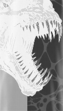 Halftone illustration of a snarling wolf head with sharp teeth