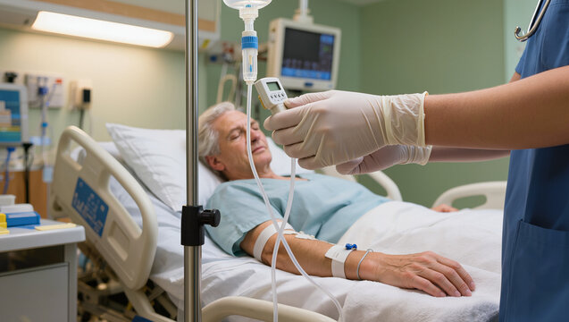 Nurse adjusting IV drip for senior male patient in hospital bed with intravenous fluid