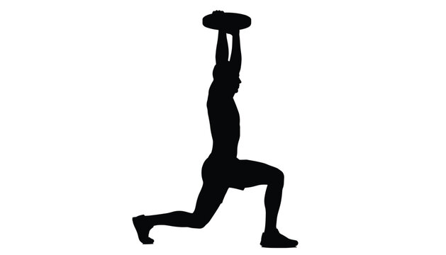 Vector silhouette of a man performing overhead lunges with a weight plate