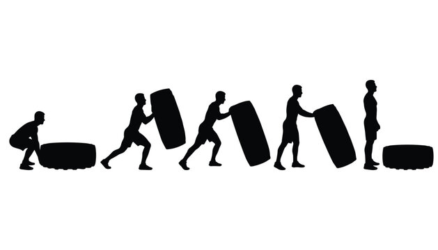 Vector silhouette of a man flipping a heavy tire during a workout
