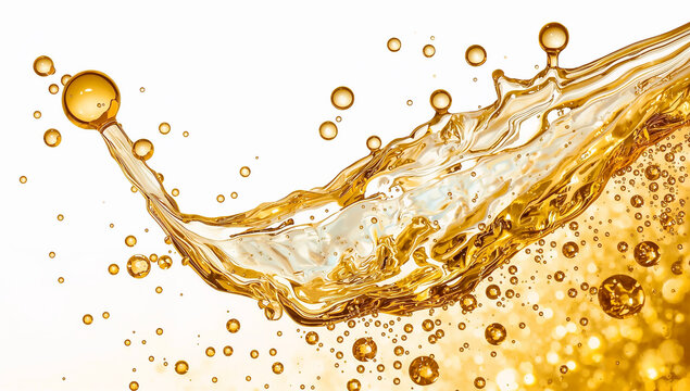 Golden oil splash with bubbles and drops isolated on white background