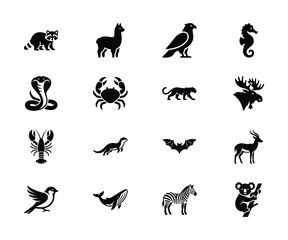 Fototapeta premium Minimalist animal icons set, 16 black vector silhouettes of wildlife and pets, modern flat graphic symbols for nature branding and web design