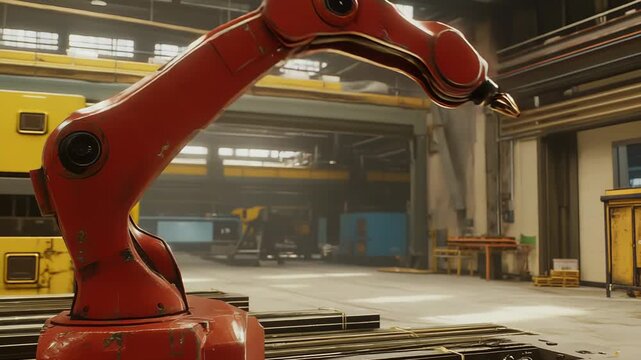 Robotic mechanical arm performing tasks in a modern factory setting, highlighting automation, advanced technology, and streamlined production processes within the industrial environment