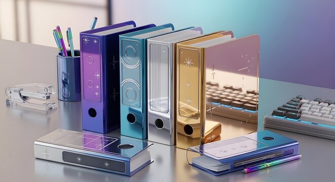 Luxury holographic binders and futuristic office stationery with metallic gradient finish, stylish workspace organization accessories in modern 3D render aesthetic.