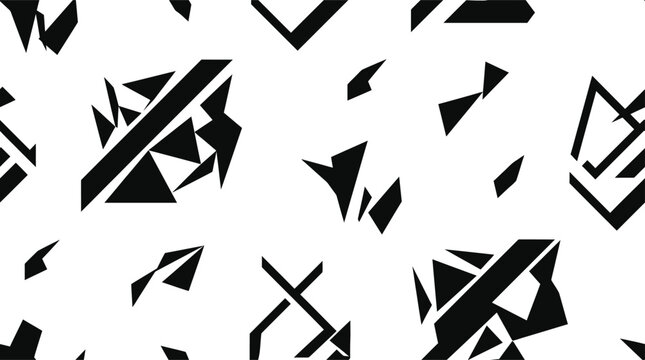 Geometric abstract pattern with black sharp shards and triangular shapes over grey textured backdrop.