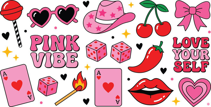 Pink Vibe Sticker Set: Trendy Y2K Aesthetic Icons and Love Themes