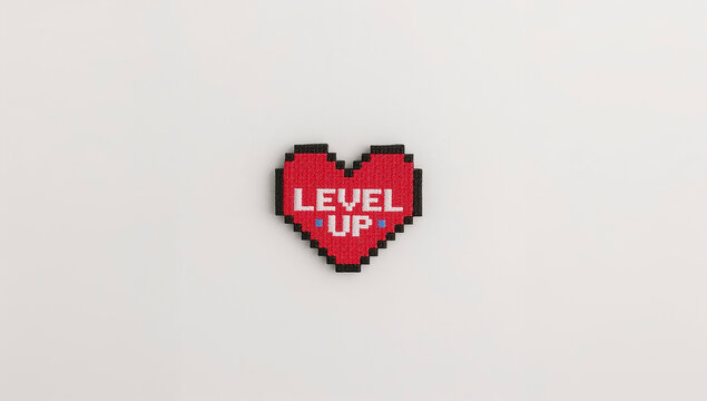 Pixel art red heart with Level Up text for t-shirt print and gaming merchandise