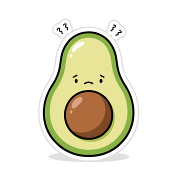 A cartoon avocado with a confused face and questioning marks floats alone.