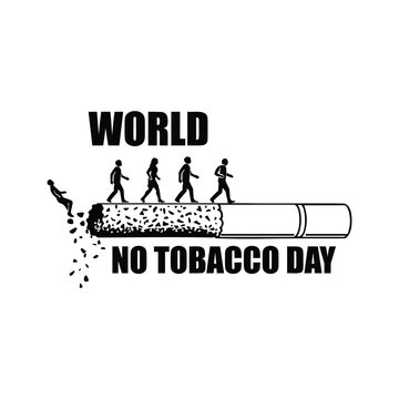 World No Tobacco Day Cigarette Path Vector.Black-and-white vector illustration of human figures walking on a large cigarette, with one falling off the burning end into ashes