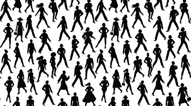 Silhouette vector pattern of people walking in crowd on transparent background for urban city themes.