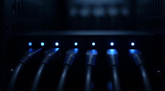 Close up shot of network ethernet cables plugged into a dark server rack with glowing blue indicator lights in a data center environment for technology and connectivity concept