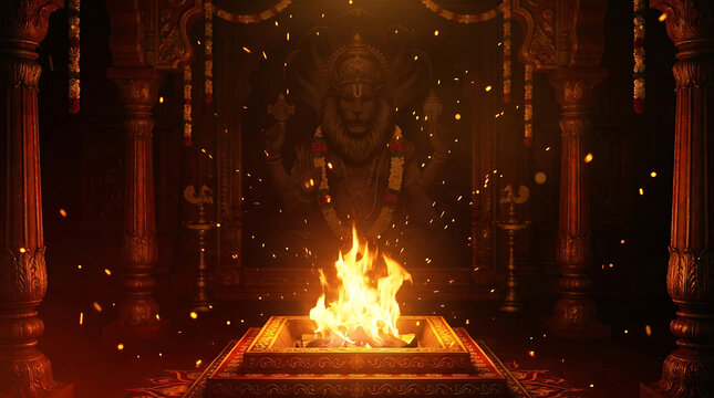 Sacred Narasimha Jayanti background featuring divine fire glow particles and spiritual light rays for traditional Hindu religious festival celebration and devotional banner design.