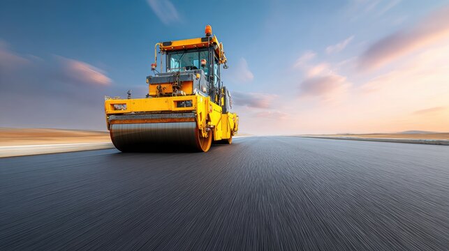 Heavy Yellow Road Roller on Freshly Paved Asphalt under Beautiful Sky During Sunset