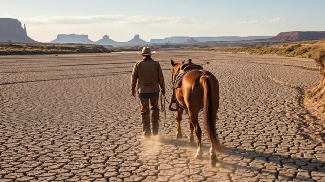 A cowboy walking alongside his horse through a dry riverbed, cracked earth textures visible, camera tracking side-by-side, natural walking