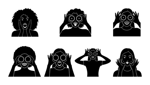 Set of 7 Diverse Female Faces Expressing Surprise, Shock, and Discovery with Hands Framing Eyes, Black and White Vector Icons for Communication and Emotion