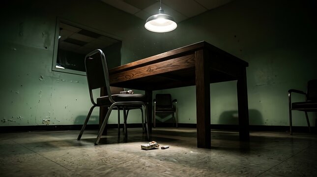 Creepy Interrogation Room with Single Light and Wooden Table.