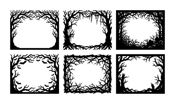 Spooky Halloween Tree Branch Frames, 6 Vector Silhouettes for Eerie Invitations and Dark Themed Designs, Gothic Border Elements