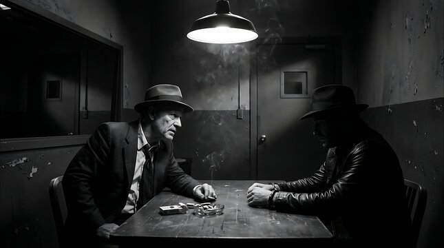 Two men in hats sit at a table in a dimly lit room, one smoking a cigarette.