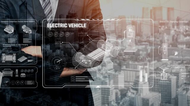 Technical layout of electric vehicle showing battery system, power control, traction motor, charging interface, and integration with renewable and smart energy sources Marrow