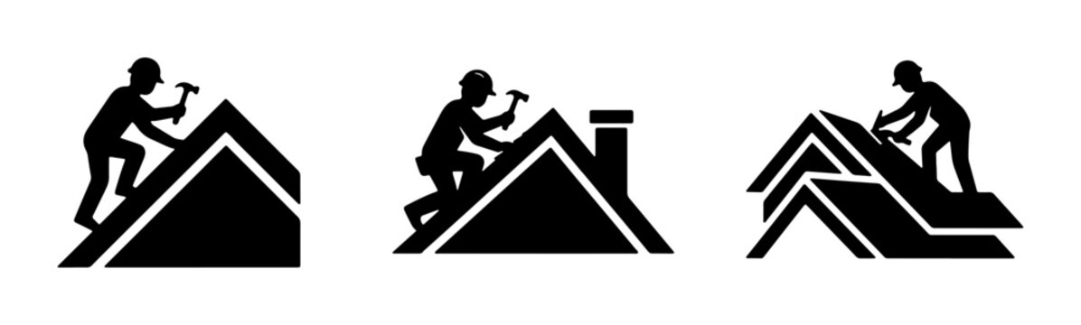 Roofing Construction Icons, Building Repair Silhouettes, Home Maintenance Symbols, Construction Worker Graphics, Residential Roof Work