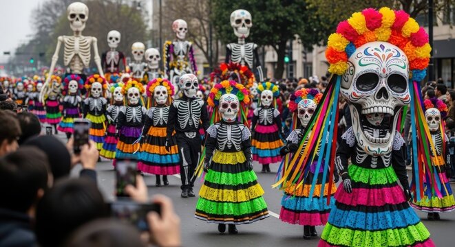 Vibrant day of the dead parade float with skeleton figures and bright flowers