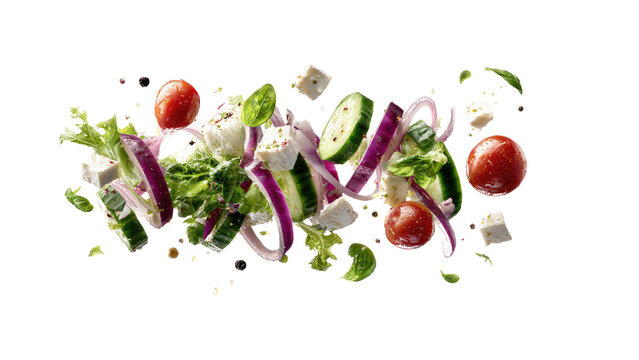 Fresh Healthy Salad Explosion with Flying Vegetables and Feta Cheese