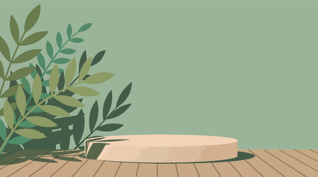 Circular light-colored wooden podium pedestal on a matching natural wood plank surface, minimalist product display stage for presentation, organic wood grain texture background.