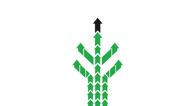 Green arrow shapes merging and stacking to point towards a single black arrowhead representing teamwork and business growth.