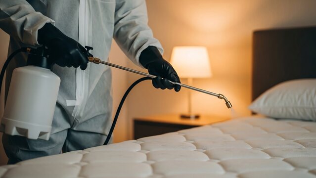 Professional pest control technician disinfecting and sanitizing a bed with spray gun in a modern bedroom for hygiene and cleanliness assurance