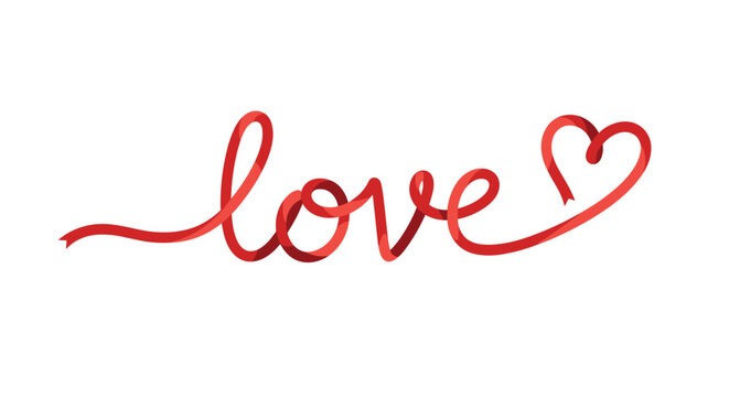 Artistic rendering of the word love written in a continuous red ribbon script ending in a heart shape on a white background.