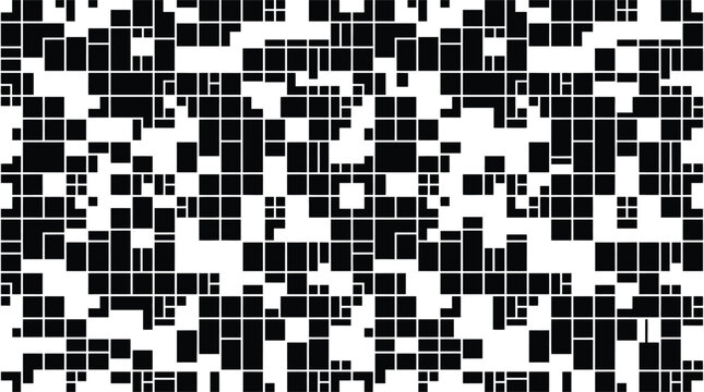 Abstract geometric pattern with black squares on transparent background in digital camouflage style.