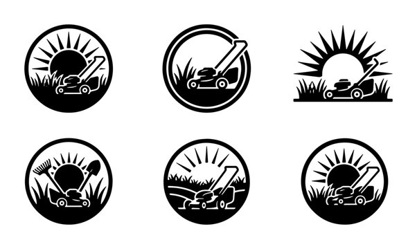 Lawn Mower Icons Set, Gardening Tools Vector Graphics, Sun and Grass Emblem Collection, Outdoor Maintenance Symbols