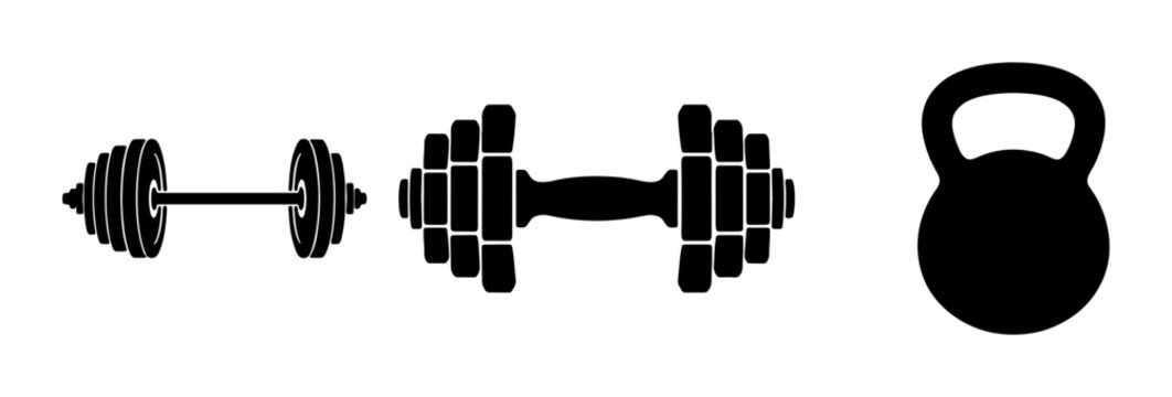 Fitness Equipment Icons: Dumbbells and Kettlebell Vector Set for Gym and Workout Graphics
