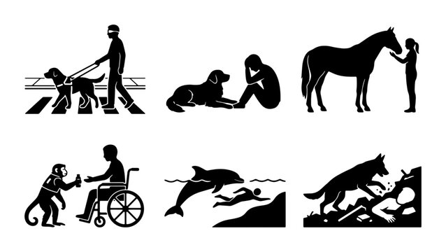 Diverse Human-Animal Interactions, Assistance Animals, Therapy Pets, Companionship, Support, Wildlife Encounters, Vector Icons Set