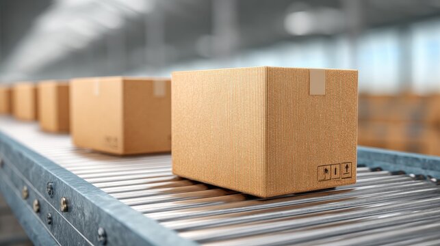 Brown cardboard boxes on conveyor belt in warehouse ready for shipping and distribution logistics operations