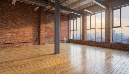 Fototapeta premium Empty industrial loft with wooden floor and large windows showing city skyline at sunset, creating warm and spacious atmosphere