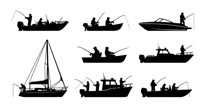 Fishing Boat Silhouettes: Diverse Vessels for Anglers, Recreational Boating, and Outdoor Activities, Vector Set