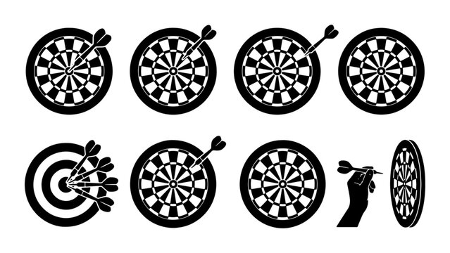 Dartboard Icons Set, Precision Throwing Game Elements, Target Aiming Vector Graphics, Sports Competition Symbols
